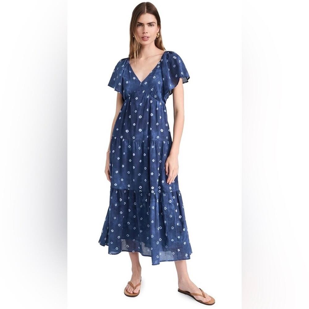 madewell tie-back flutter-sleeve blue & white midi dress nq593 women size 6